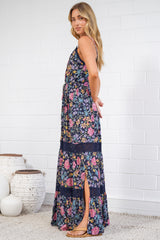 April Maxi Dress - V Neck Lace Spliced Sun Dress with Side Splits in Antonia Print Navy