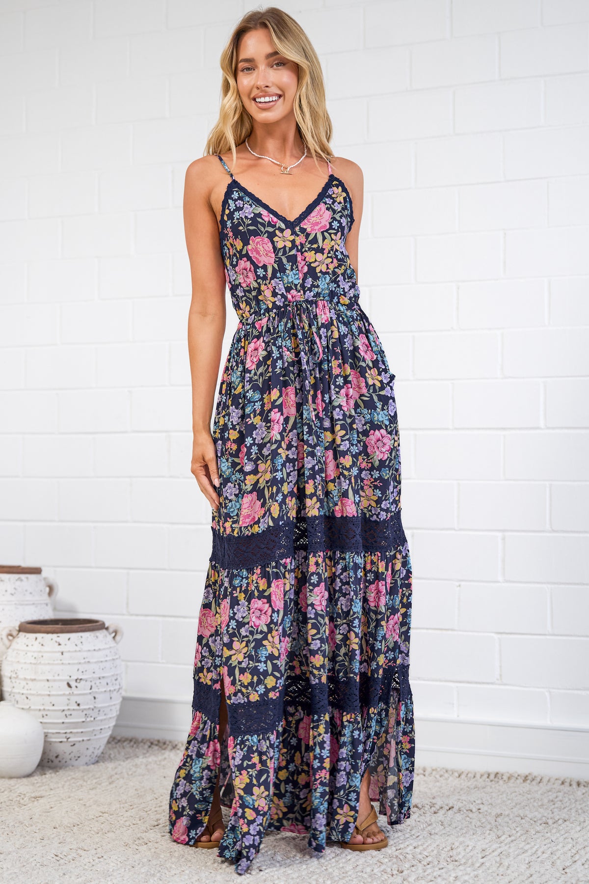 April Maxi Dress - V Neck Lace Spliced Sun Dress with Side Splits in Antonia Print Navy