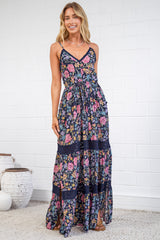 April Maxi Dress - V Neck Lace Spliced Sun Dress with Side Splits in Antonia Print Navy