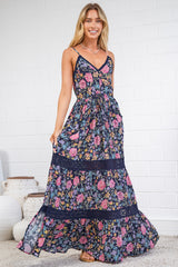 April Maxi Dress - V Neck Lace Spliced Sun Dress with Side Splits in Antonia Print Navy