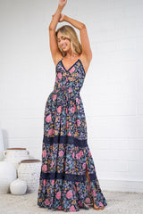 April Maxi Dress - V Neck Lace Spliced Sun Dress with Side Splits in Antonia Print Navy