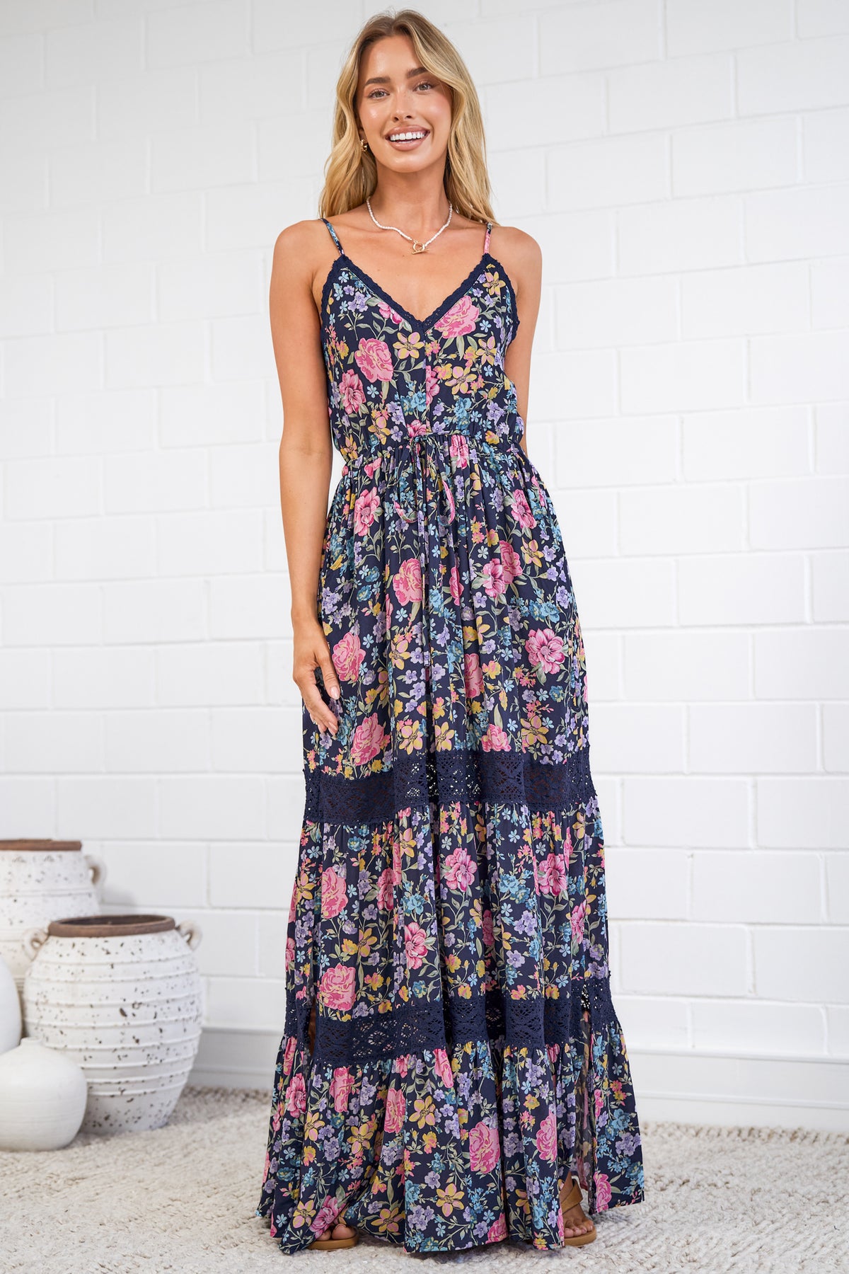 April Maxi Dress - V Neck Lace Spliced Sun Dress with Side Splits in Antonia Print Navy
