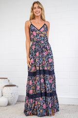 April Maxi Dress - V Neck Lace Spliced Sun Dress with Side Splits in Antonia Print Navy