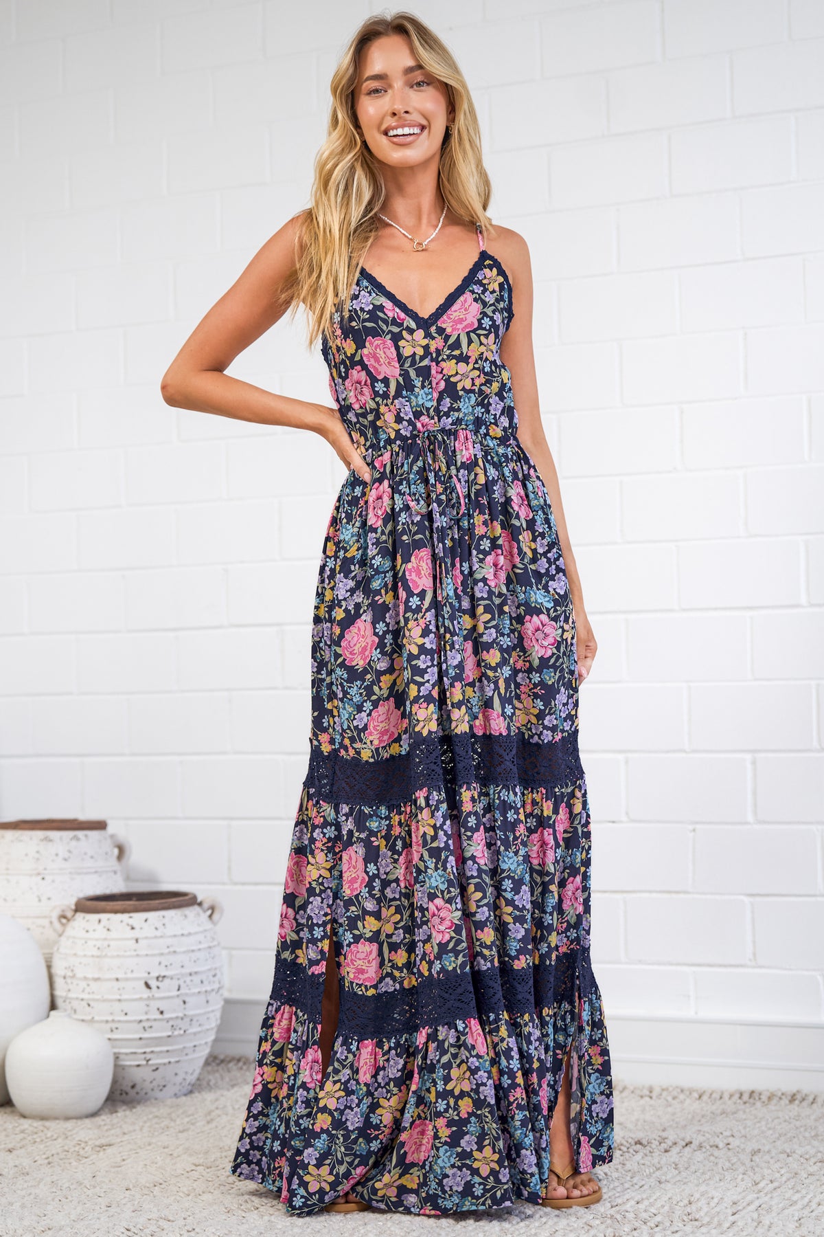 April Maxi Dress - V Neck Lace Spliced Sun Dress with Side Splits in Antonia Print Navy