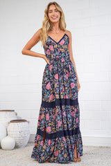 April Maxi Dress - V Neck Lace Spliced Sun Dress with Side Splits in Antonia Print Navy