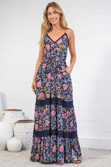 April Maxi Dress - V Neck Lace Spliced Sun Dress with Side Splits in Antonia Print Navy