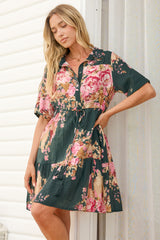Apryl Mini Dress - Collared Short Sleeve Dress with Pull Tie Waist in Vela Print Emerald