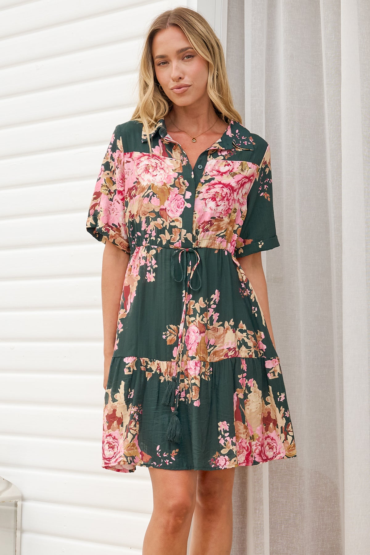 Apryl Mini Dress - Collared Short Sleeve Dress with Pull Tie Waist in Vela Print Emerald