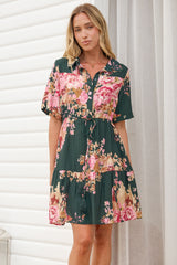 Apryl Mini Dress - Collared Short Sleeve Dress with Pull Tie Waist in Vela Print Emerald
