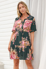 Apryl Mini Dress - Collared Short Sleeve Dress with Pull Tie Waist in Vela Print Emerald