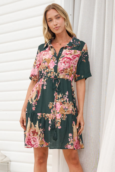 Apryl Mini Dress - Collared Short Sleeve Dress with Pull Tie Waist in Vela Print Emerald