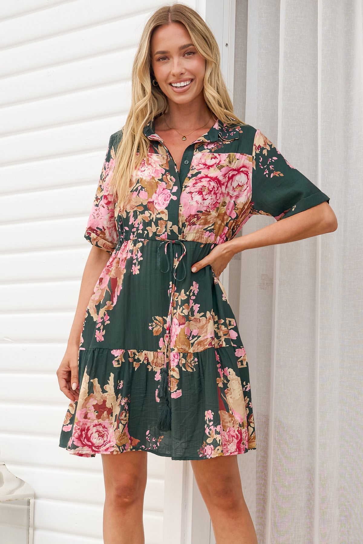 Apryl Mini Dress - Collared Short Sleeve Dress with Pull Tie Waist in Vela Print Emerald