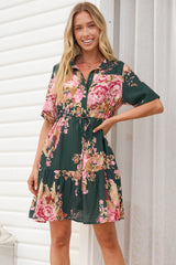 Apryl Mini Dress - Collared Short Sleeve Dress with Pull Tie Waist in Vela Print Emerald