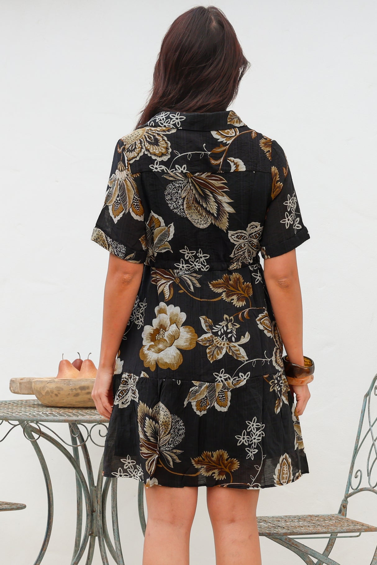 Apryl Mini Dress - Collared Short Sleeve Dress with Pull Tie Waist in Shanina Print Black