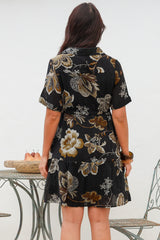 Apryl Mini Dress - Collared Short Sleeve Dress with Pull Tie Waist in Shanina Print Black
