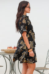 Apryl Mini Dress - Collared Short Sleeve Dress with Pull Tie Waist in Shanina Print Black