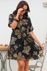 Apryl Mini Dress - Collared Short Sleeve Dress with Pull Tie Waist in Shanina Print Black