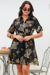 Apryl Mini Dress - Collared Short Sleeve Dress with Pull Tie Waist in Shanina Print Black