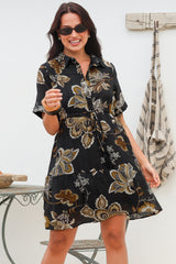 Apryl Mini Dress - Collared Short Sleeve Dress with Pull Tie Waist in Shanina Print Black