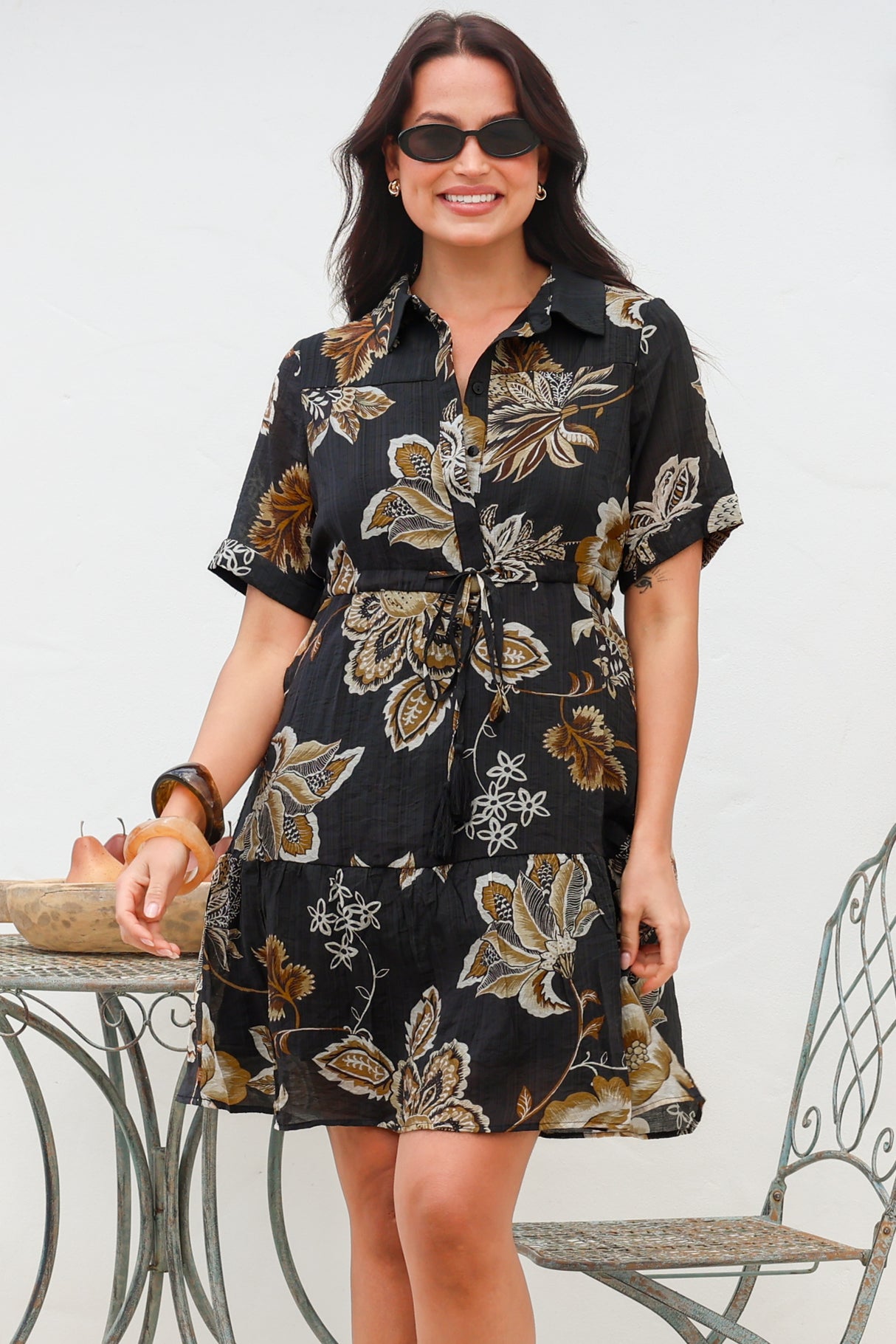Apryl Mini Dress - Collared Short Sleeve Dress with Pull Tie Waist in Shanina Print Black