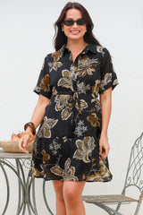 Apryl Mini Dress - Collared Short Sleeve Dress with Pull Tie Waist in Shanina Print Black