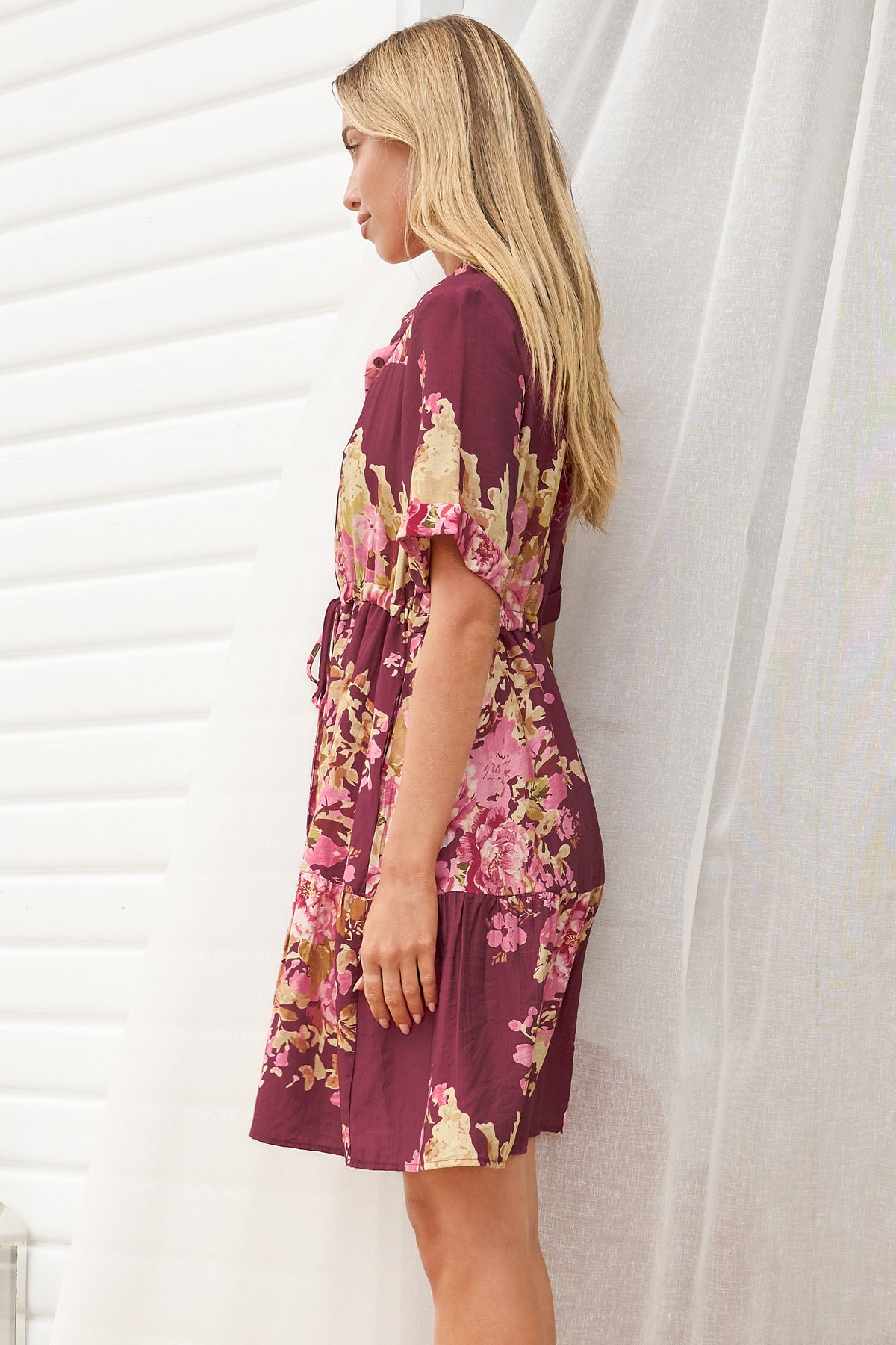 Apryl Mini Dress - Collared Short Sleeve Dress with Pull Tie Waist in Vela Print Burgundy