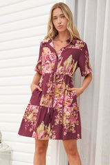 Apryl Mini Dress - Collared Short Sleeve Dress with Pull Tie Waist in Vela Print Burgundy