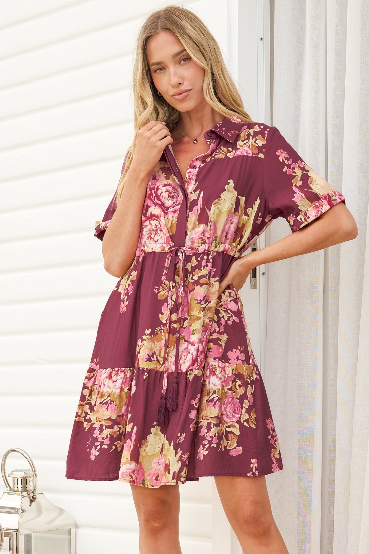 Apryl Mini Dress - Collared Short Sleeve Dress with Pull Tie Waist in Vela Print Burgundy
