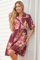 Apryl Mini Dress - Collared Short Sleeve Dress with Pull Tie Waist in Vela Print Burgundy