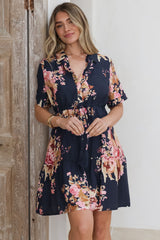 Apryl Mini Dress - Collared Short Sleeve Dress with Pull Tie Waist in Vela Print Navy