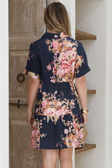 Apryl Mini Dress - Collared Short Sleeve Dress with Pull Tie Waist in Vela Print Navy