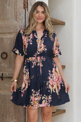 Apryl Mini Dress - Collared Short Sleeve Dress with Pull Tie Waist in Vela Print Navy