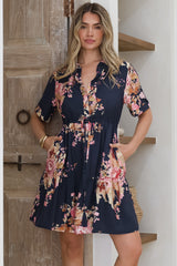 Apryl Mini Dress - Collared Short Sleeve Dress with Pull Tie Waist in Vela Print Navy
