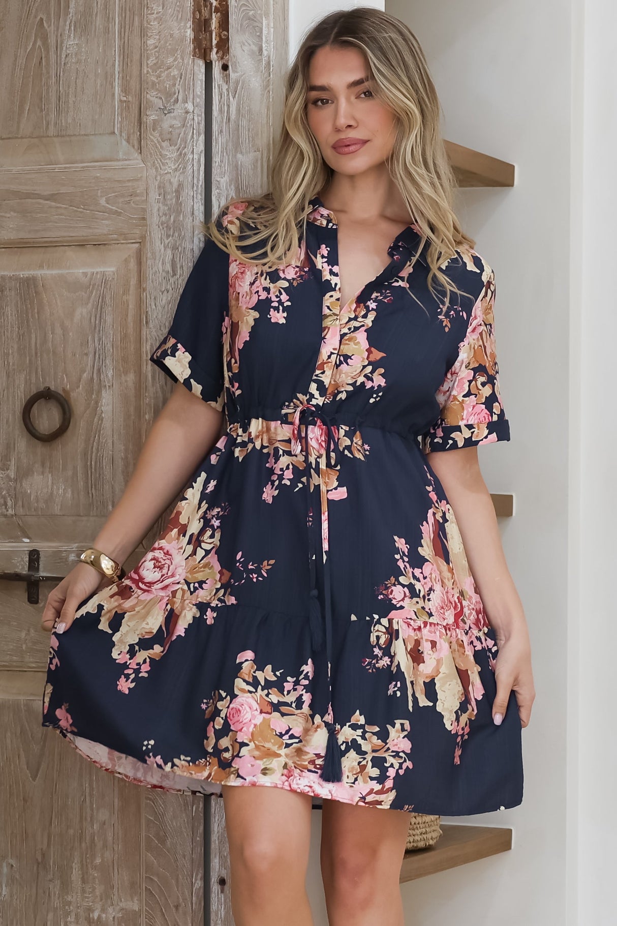 Apryl Mini Dress - Collared Short Sleeve Dress with Pull Tie Waist in Vela Print Navy