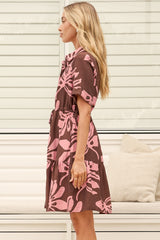 Apryl Mini Dress - Collared Short Sleeve Dress with Pull Tie Waist in Romie Print