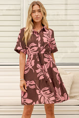 Apryl Mini Dress - Collared Short Sleeve Dress with Pull Tie Waist in Romie Print
