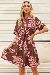 Apryl Mini Dress - Collared Short Sleeve Dress with Pull Tie Waist in Romie Print