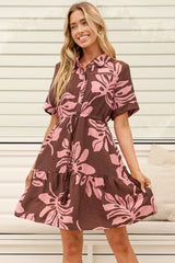 Apryl Mini Dress - Collared Short Sleeve Dress with Pull Tie Waist in Romie Print