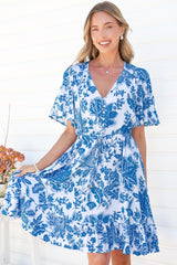 Arabella Mini Dress - V Neck Button-Front Dress with Adjustable Tie Waist in Alina Print