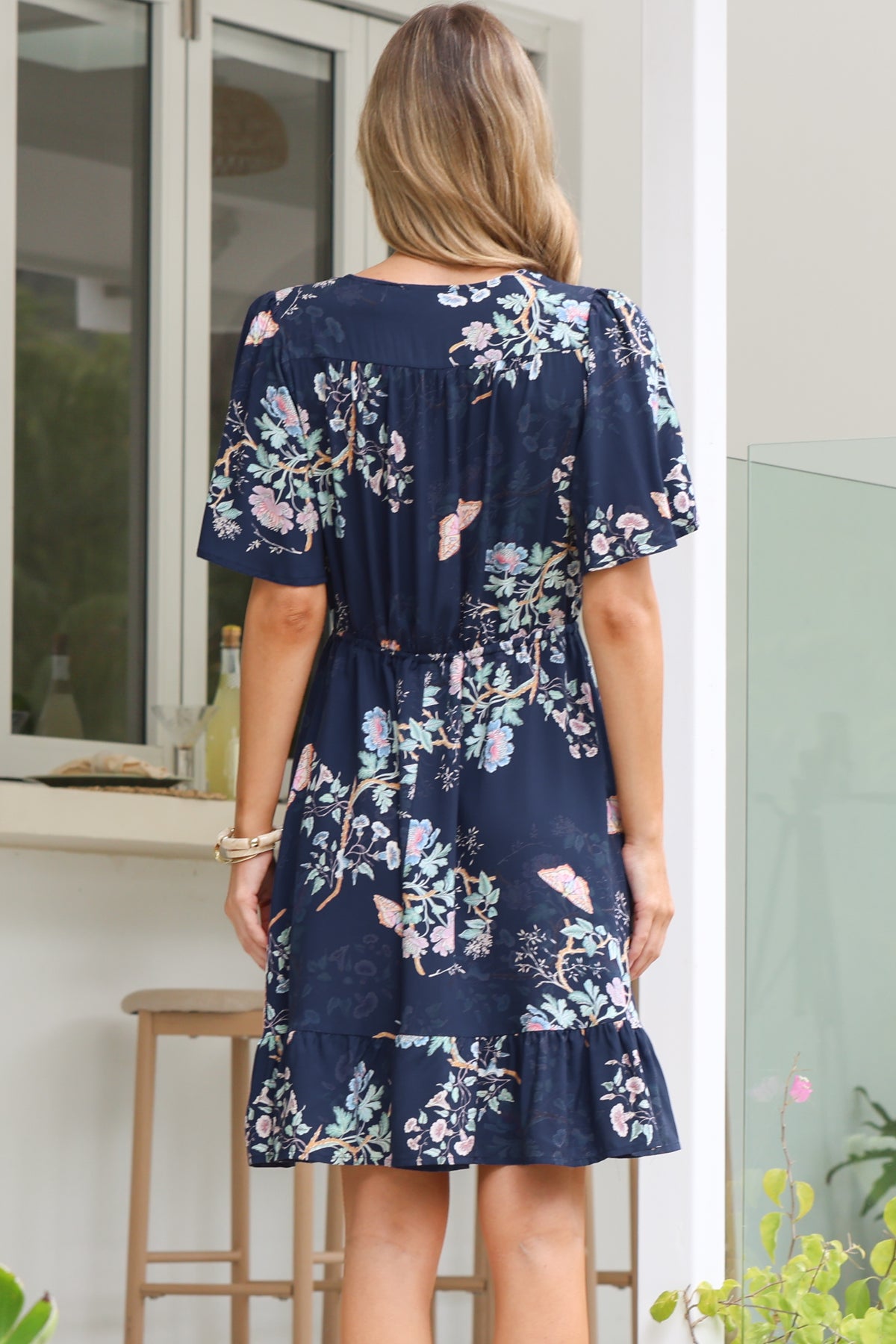 Arabella Mini Dress - V Neck Button-Front Dress with Adjustable Tie Waist in Colette Print