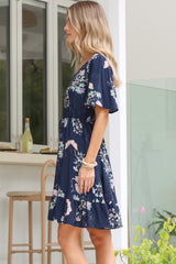 Arabella Mini Dress - V Neck Button-Front Dress with Adjustable Tie Waist in Colette Print