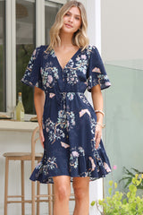 Arabella Mini Dress - V Neck Button-Front Dress with Adjustable Tie Waist in Colette Print