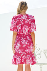 Arabella Mini Dress - V Neck Button-Front Dress with Adjustable Tie Waist in Kimberly Print Pink