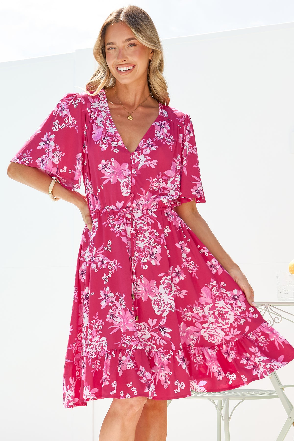 Arabella Mini Dress - V Neck Button-Front Dress with Adjustable Tie Waist in Kimberly Print Pink