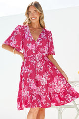 Arabella Mini Dress - V Neck Button-Front Dress with Adjustable Tie Waist in Kimberly Print Pink