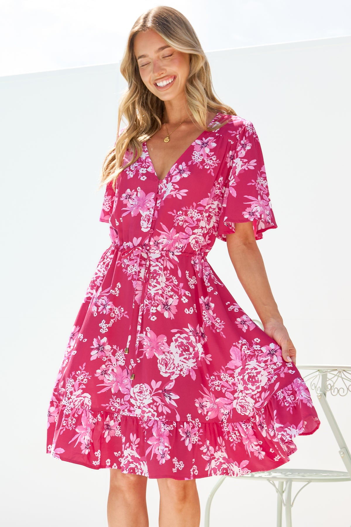 Arabella Mini Dress - V Neck Button-Front Dress with Adjustable Tie Waist in Kimberly Print Pink