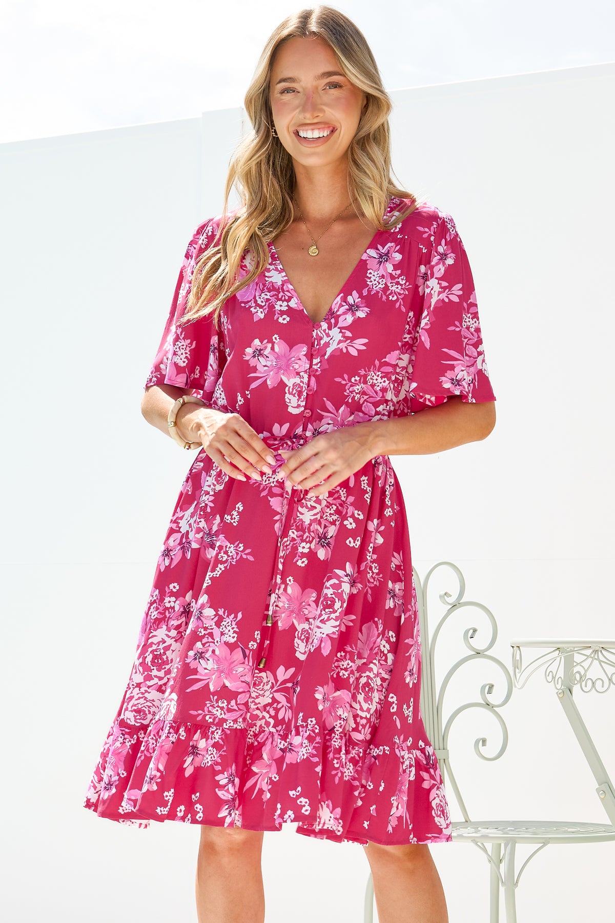 Arabella Mini Dress - V Neck Button-Front Dress with Adjustable Tie Waist in Kimberly Print Pink