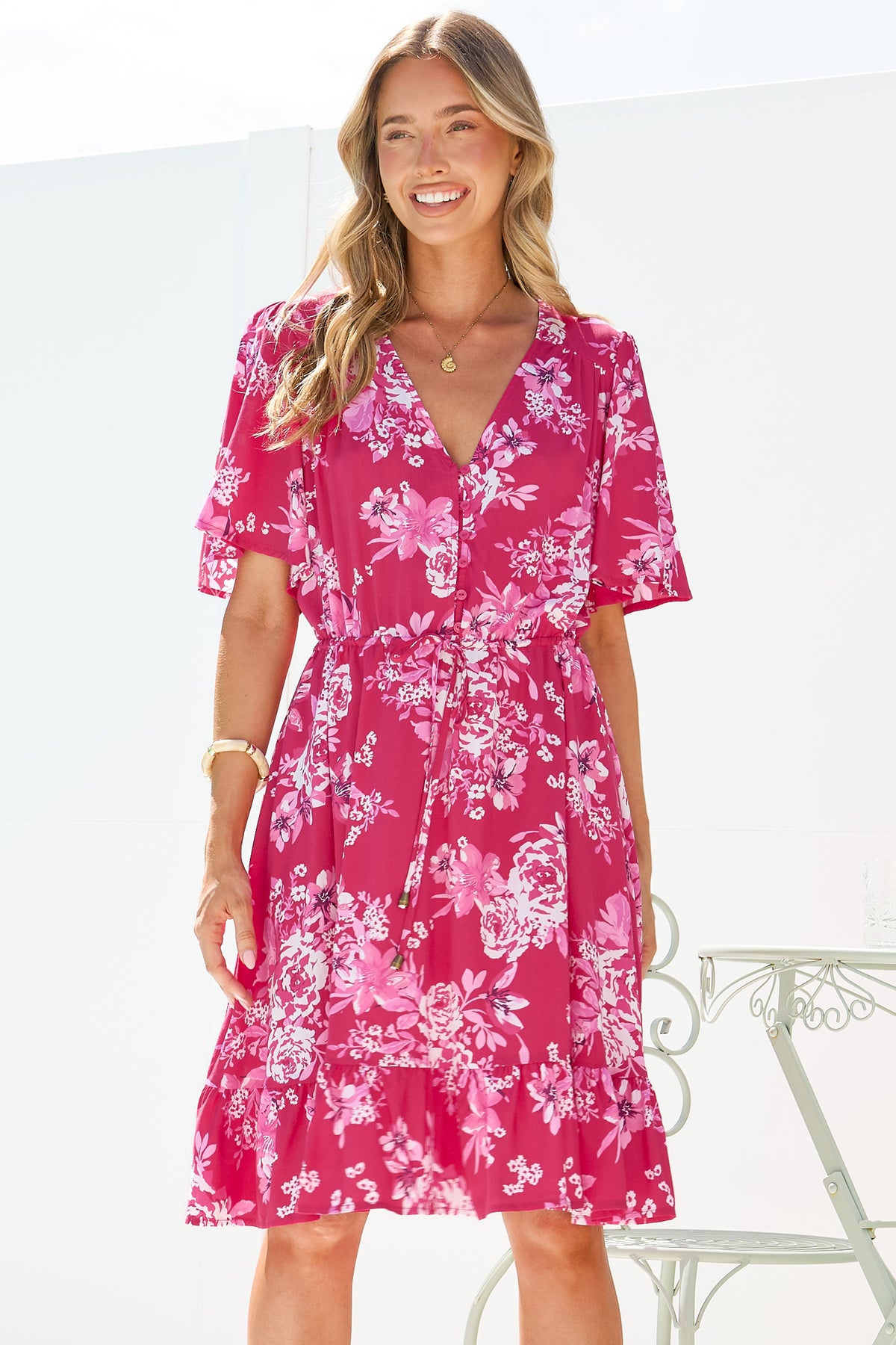 Arabella Mini Dress - V Neck Button-Front Dress with Adjustable Tie Waist in Kimberly Print Pink