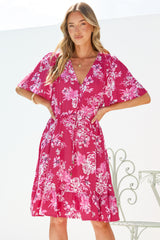 Arabella Mini Dress - V Neck Button-Front Dress with Adjustable Tie Waist in Kimberly Print Pink
