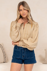 Aralyn Blouse - Balloon Sleeve Button Down Shirt in Beige